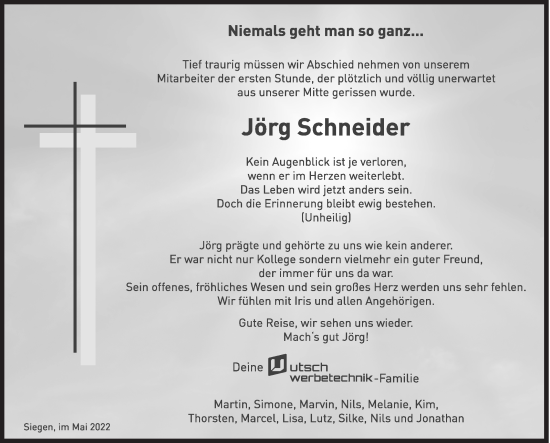 Traueranzeige von Jörg Schneider von Siegener Zeitung