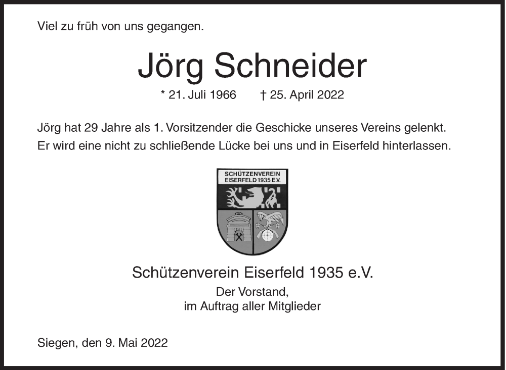  Traueranzeige für Jörg Schneider vom 09.05.2022 aus Siegener Zeitung