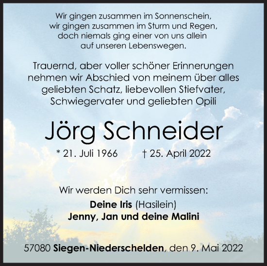 Traueranzeige von Jörg Schneider von Siegener Zeitung