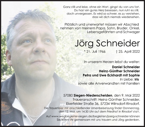 Traueranzeige von Jörg Schneider von Siegener Zeitung