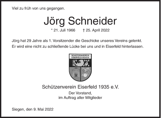 Traueranzeige von Jörg Schneider von Siegener Zeitung