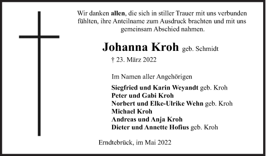 Traueranzeige von Johanna Kroh von Siegener Zeitung