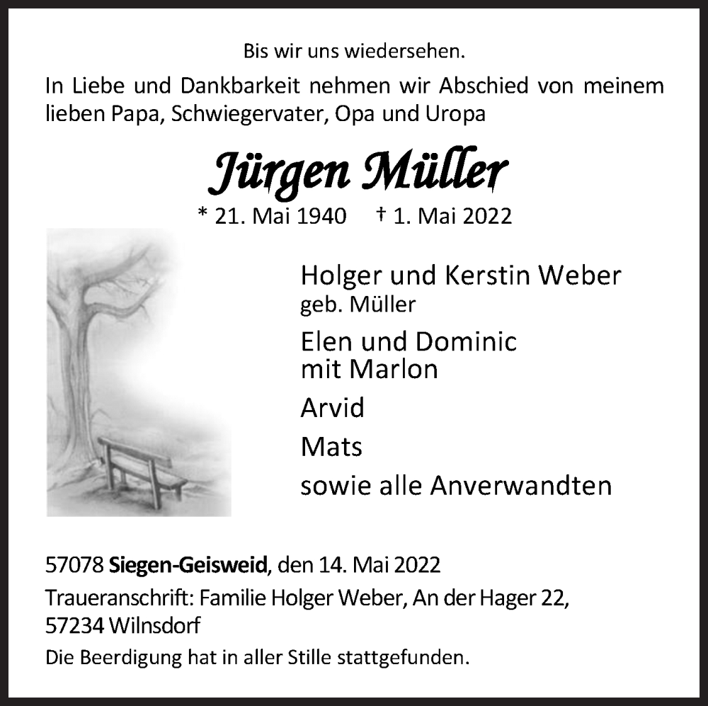  Traueranzeige für Jürgen Müller vom 14.05.2022 aus Siegener Zeitung