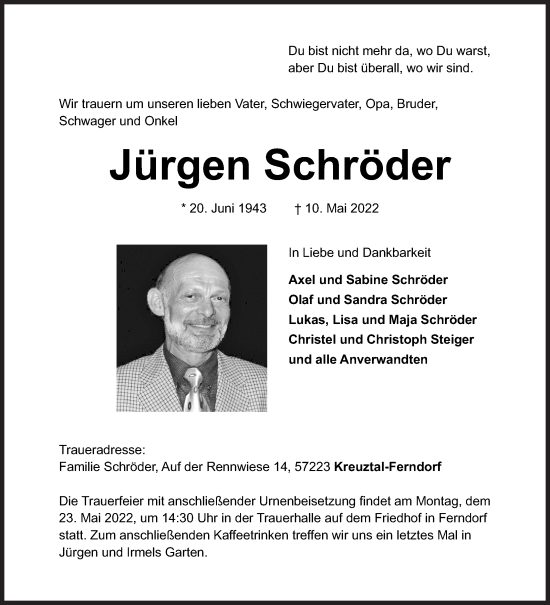 Traueranzeige von Jürgen Schröder von Siegener Zeitung