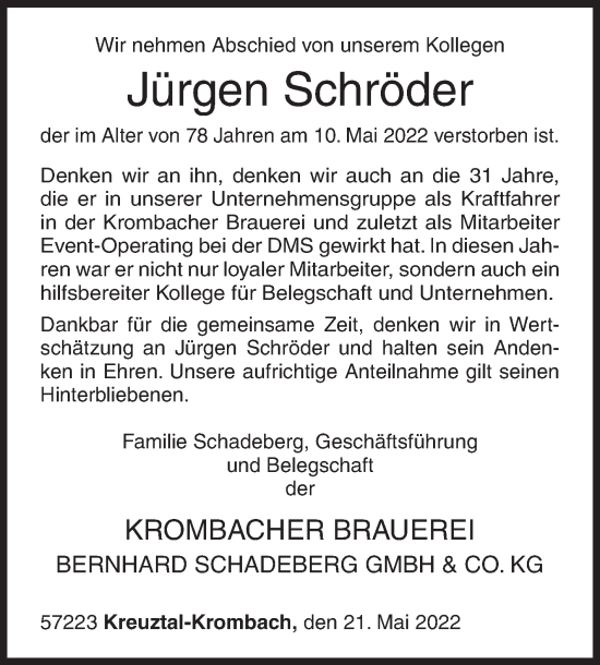 Traueranzeige von Jürgen Schröder von Siegener Zeitung