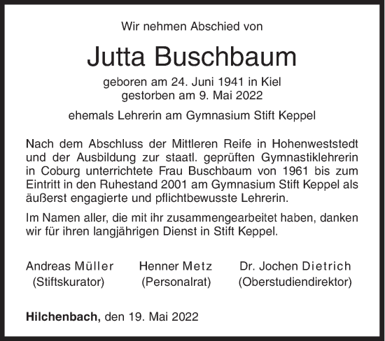 Traueranzeige von Jutta Buschbaum von Siegener Zeitung