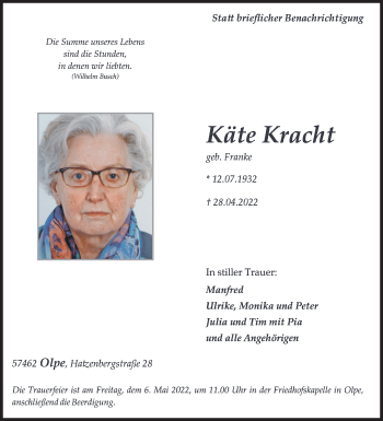 Traueranzeige von Käte Kracht von Siegener Zeitung