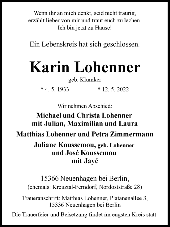 Traueranzeige von Karin Lohenner von Siegener Zeitung