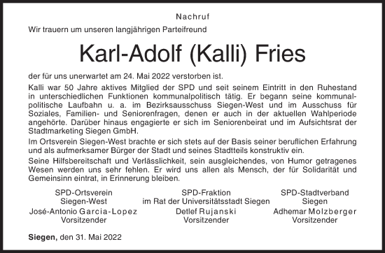 Traueranzeige von Karl-Adolf Fries von Siegener Zeitung