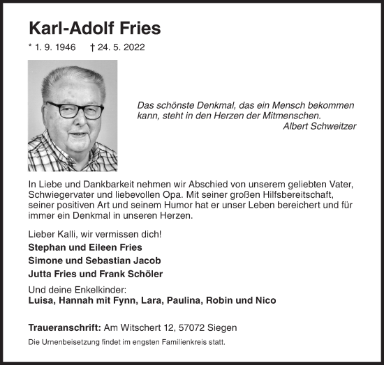 Traueranzeige von Karl-Adolf Fries von Siegener Zeitung