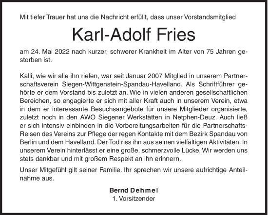 Traueranzeige von Karl-Adolf Fries von Siegener Zeitung