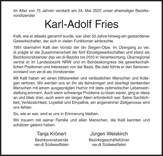 Traueranzeige von Karl-Adolf Fries von Siegener Zeitung