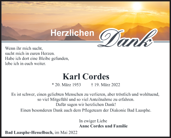Traueranzeige von Karl Cordes von Siegener Zeitung