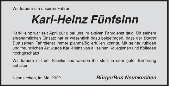 Traueranzeige von Karl-Heinz Fünfsinn von Siegener Zeitung