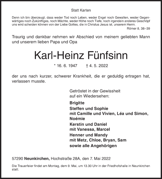 Traueranzeige von Karl-Heinz Fünfsinn von Siegener Zeitung