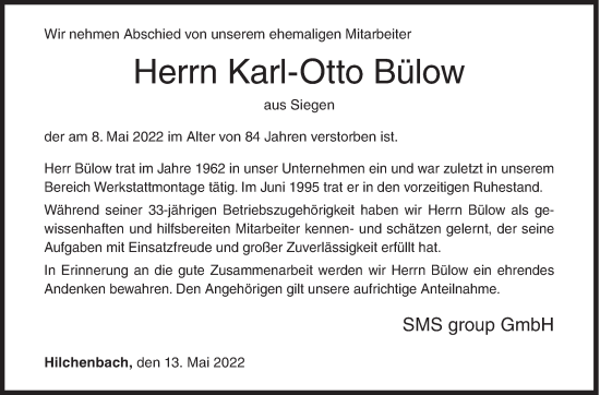 Traueranzeige von Karl-Otto Bülow von Siegener Zeitung