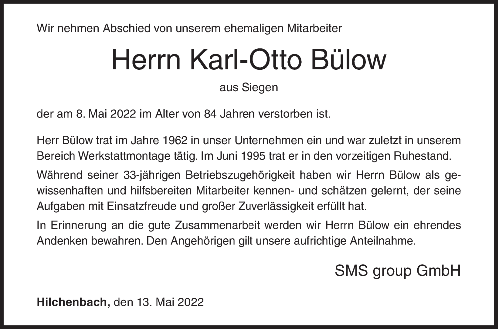  Traueranzeige für Karl-Otto Bülow vom 13.05.2022 aus Siegener Zeitung