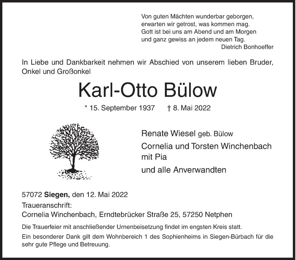  Traueranzeige für Karl-Otto Bülow vom 12.05.2022 aus Siegener Zeitung