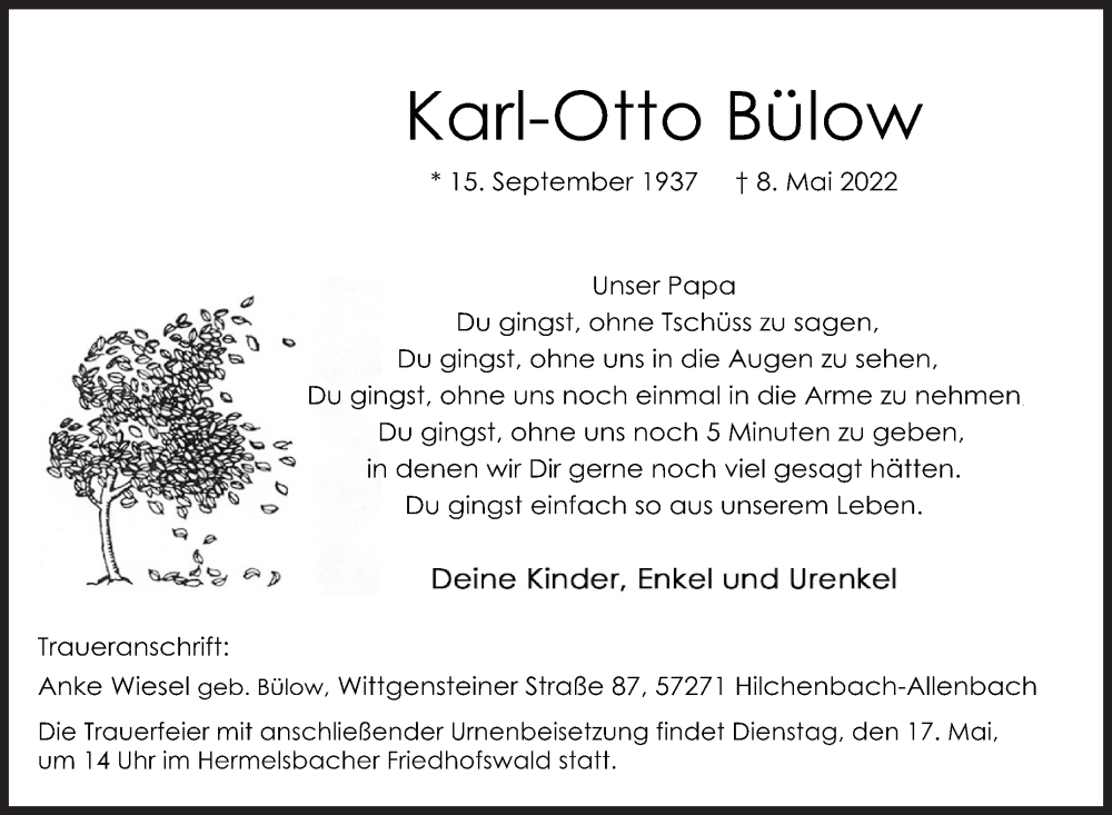  Traueranzeige für Karl-Otto Bülow vom 14.05.2022 aus Siegener Zeitung