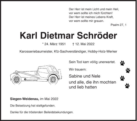 Traueranzeige von Karl Dietmar Schröder von Siegener Zeitung