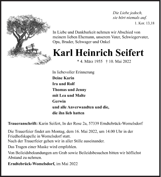 Traueranzeige von Karl Heinrich Seifert von Siegener Zeitung