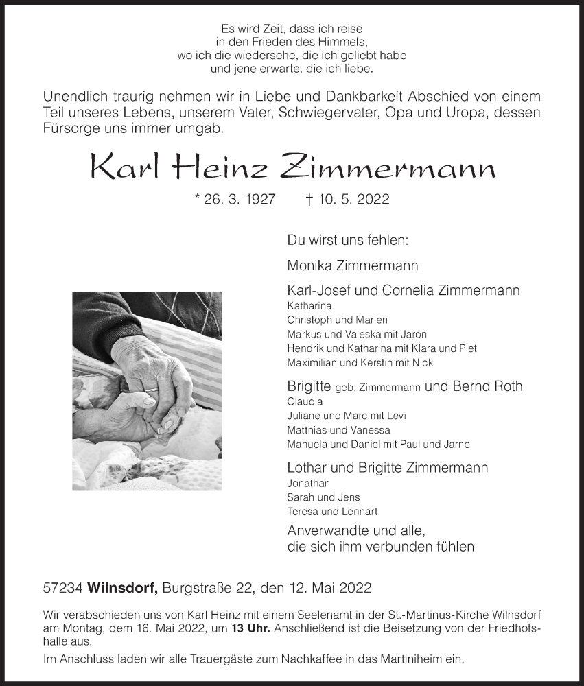  Traueranzeige für Karl Heinz Zimmermann vom 12.05.2022 aus Siegener Zeitung