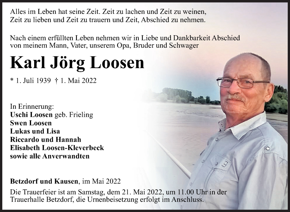  Traueranzeige für Karl Jörg Loosen vom 05.05.2022 aus Siegener Zeitung