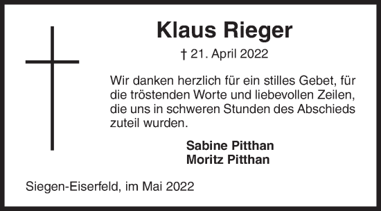 Traueranzeige von Klaus Rieger von Siegener Zeitung