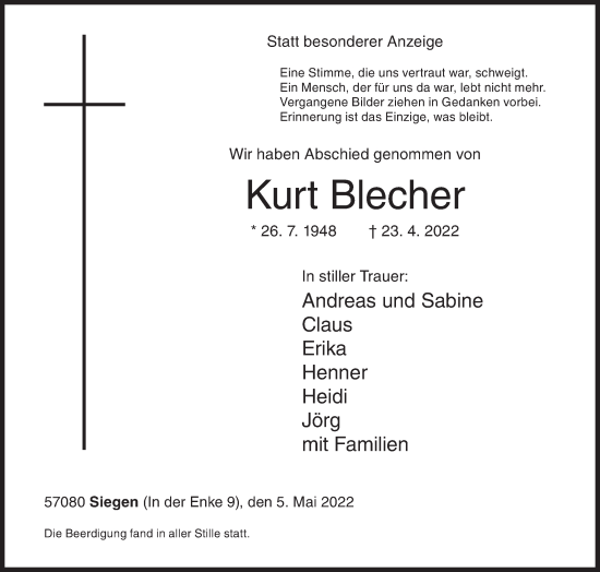 Traueranzeige von Kurt Blecher von Siegener Zeitung