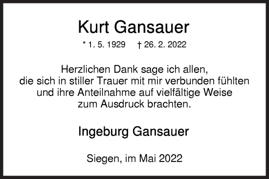 Traueranzeige von Kurt Gansauer von Siegener Zeitung