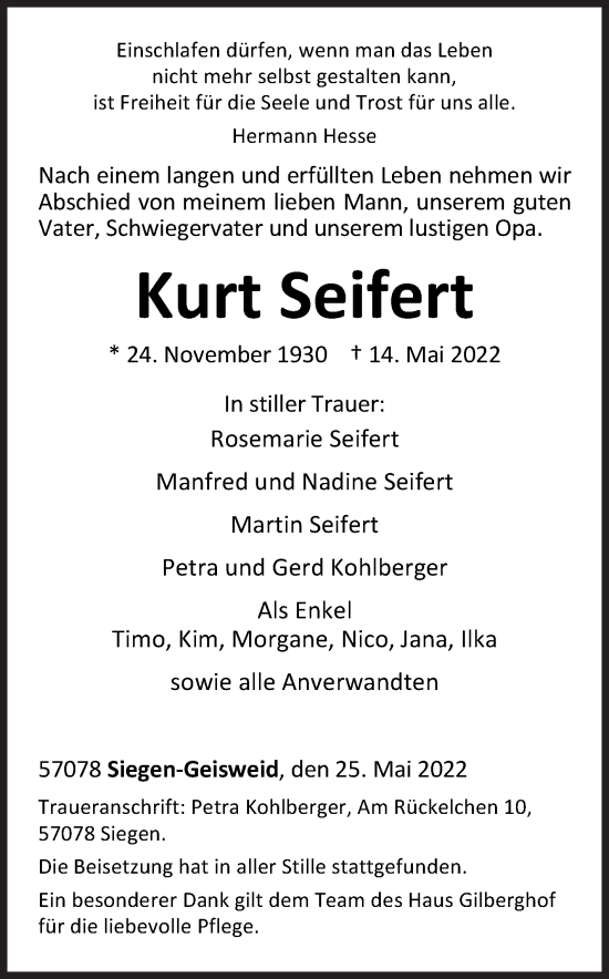 Traueranzeige von Kurt Seifert von Siegener Zeitung