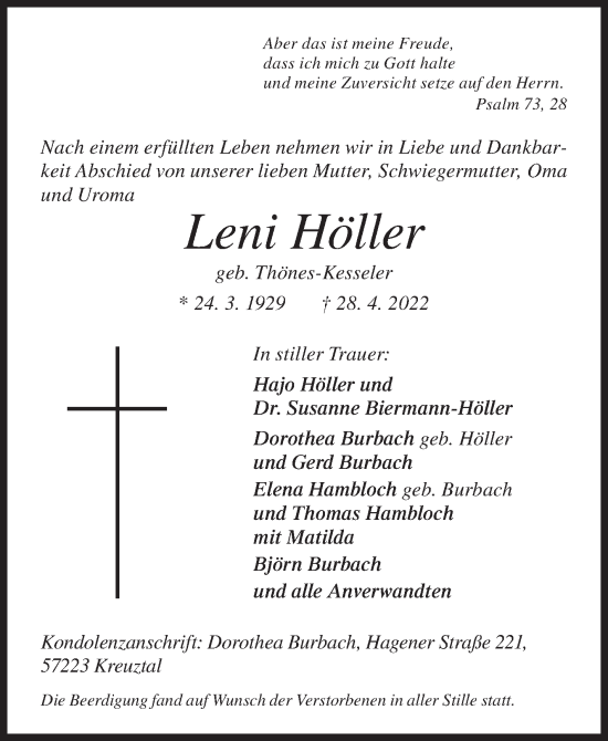 Traueranzeige von Leni Höller von Siegener Zeitung