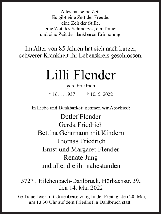 Traueranzeige von Lilli Flender von Siegener Zeitung