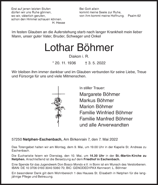 Traueranzeige von Lothar Böhmer von Siegener Zeitung