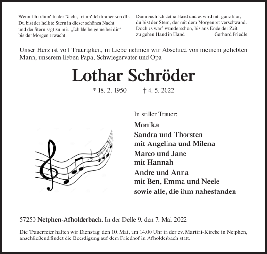 Traueranzeige von Lothar Schröder von Siegener Zeitung