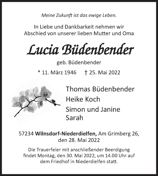 Traueranzeige von Lucia Büdenbender von Siegener Zeitung