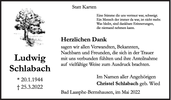 Traueranzeige von Ludwig Schlabach von Siegener Zeitung
