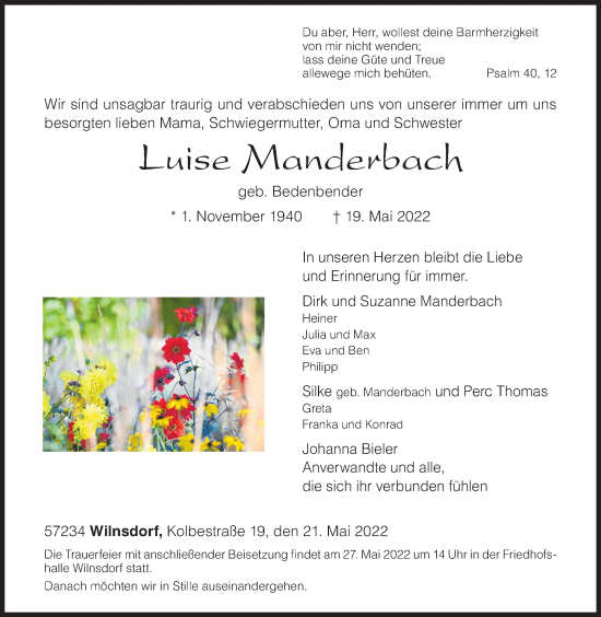 Traueranzeige von Luise Manderbach von Siegener Zeitung