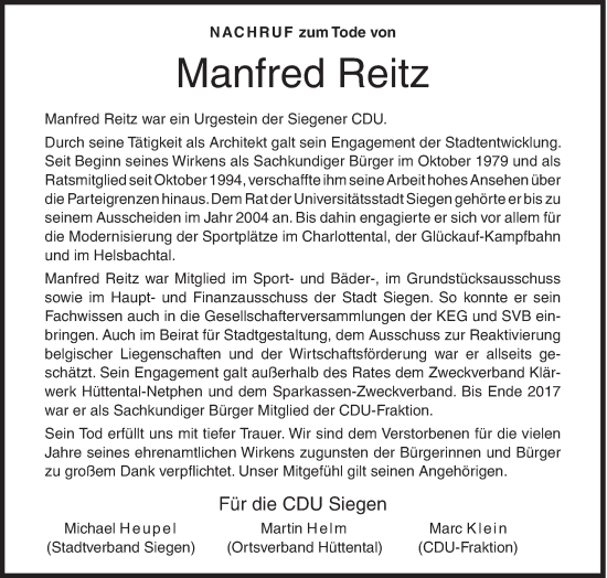 Traueranzeige von Manfred Reitz von Siegener Zeitung