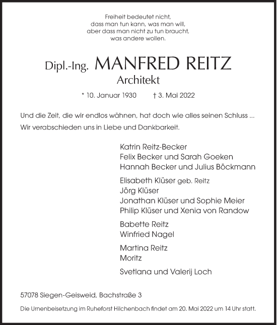 Traueranzeige von Manfred Reitz von Siegener Zeitung