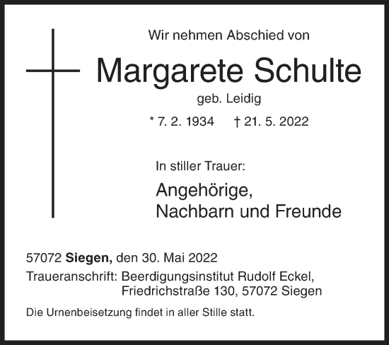 Traueranzeige von Margarete Schulte von Siegener Zeitung