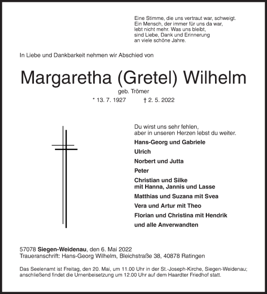 Traueranzeige von Margaretha Wilhelm von Siegener Zeitung
