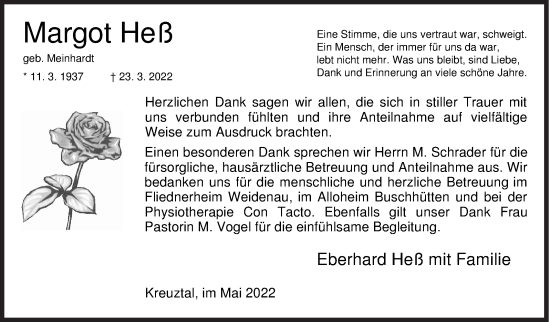 Traueranzeige von Margot Heß von Siegener Zeitung