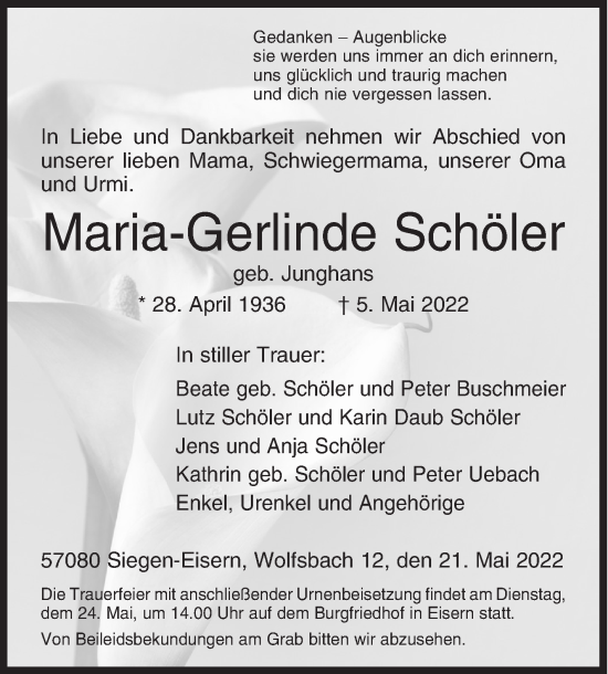 Traueranzeige von Maria-Gerlinde Schöler von Siegener Zeitung
