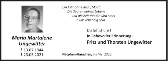 Traueranzeige von Maria Martalene Ungewitter von Siegener Zeitung