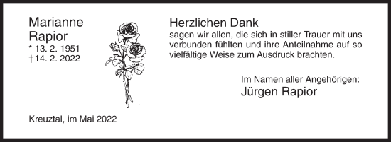 Traueranzeige von Marianne Rapior von Siegener Zeitung