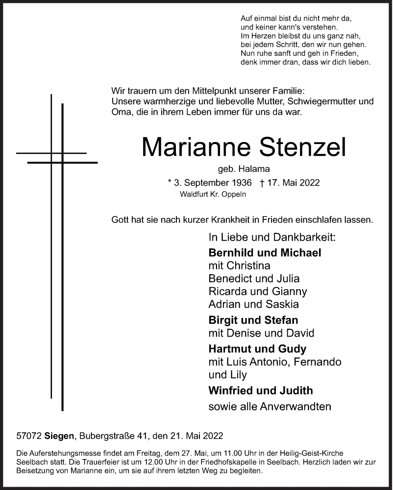  Traueranzeige für Marianne Stenzel vom 21.05.2022 aus Siegener Zeitung