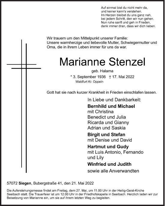 Traueranzeige von Marianne Stenzel von Siegener Zeitung