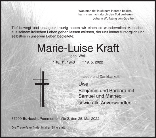 Traueranzeige von Marie-Luise Kraft von Siegener Zeitung