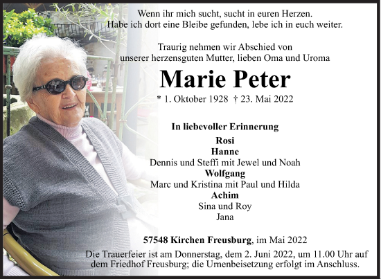 Traueranzeige von Marie Peter von Siegener Zeitung